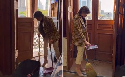 Sin perder el estilo, Mariana Rodríguez ayuda a limpiar destrozos en Palacio de Gobierno de NL tras marcha del 8M