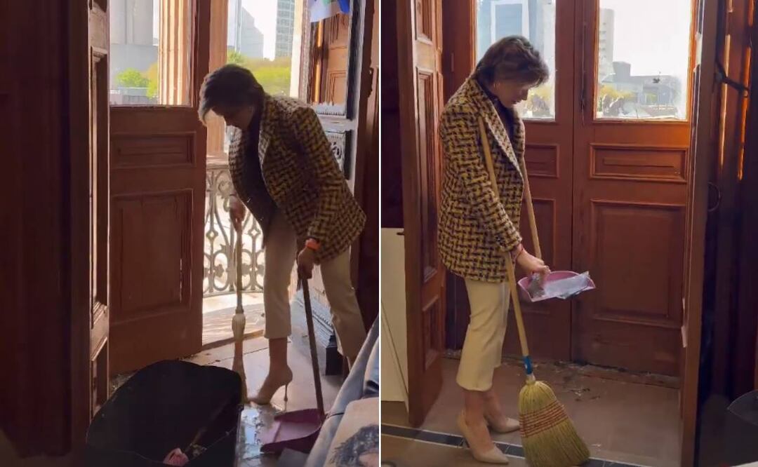 Sin perder el estilo, Mariana Rodríguez ayuda a limpiar destrozos en Palacio de Gobierno de NL tras marcha del 8M