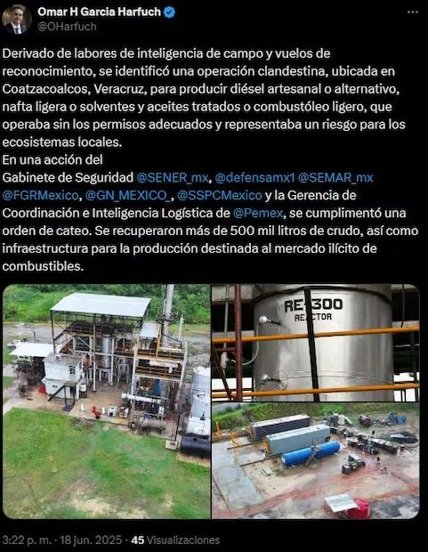 En una acción del Gabinete de Seguridad y la Gerencia de Coordinación e Inteligencia Logística de Pemex, se cumplimentó una orden de cateo que resultó en este hallazgo. Foto: X @OHarfuch
