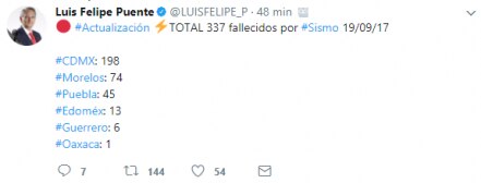 ​Aumenta a 337 fallecidos por sismo de 7.1 grados