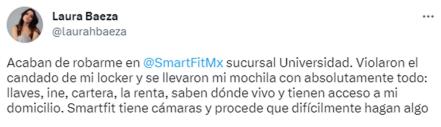 Usuaria de redes denuncia robo en Smart Fit de CDMX: "se llevaron absolutamente todo"