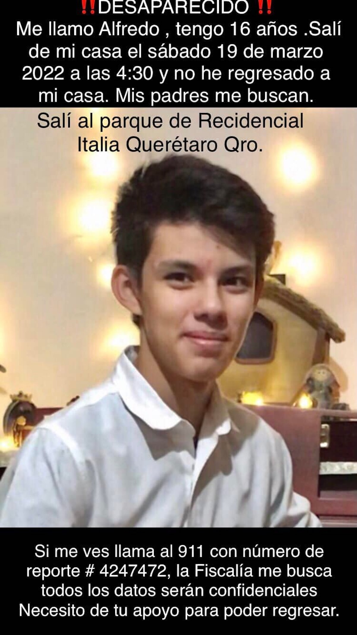 Denuncian la presunta desaparición de Alfredo; el adolescente fue visto por última vez en Querétaro
