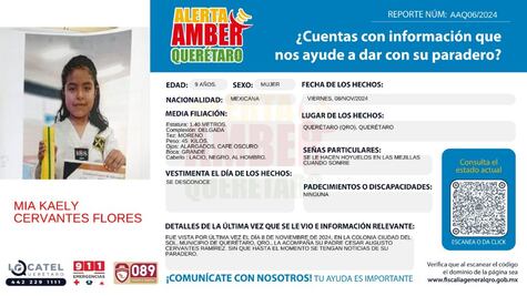 Buscan a Mia Kaely en Querétaro; la menor fue vista por última vez, en la colonia Ciudad del Sol