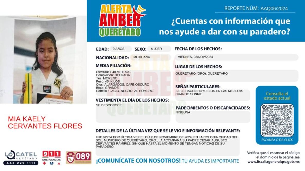 Activan Alerta Amber por la menor Mia Kaely en Querétaro. Foto: Especial