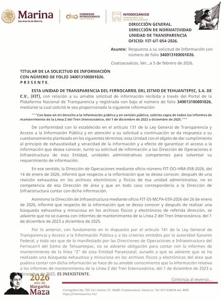 La empresa del Tren Interoceánico dio respuesta a una solicitud de información de EL UNIVERSAL