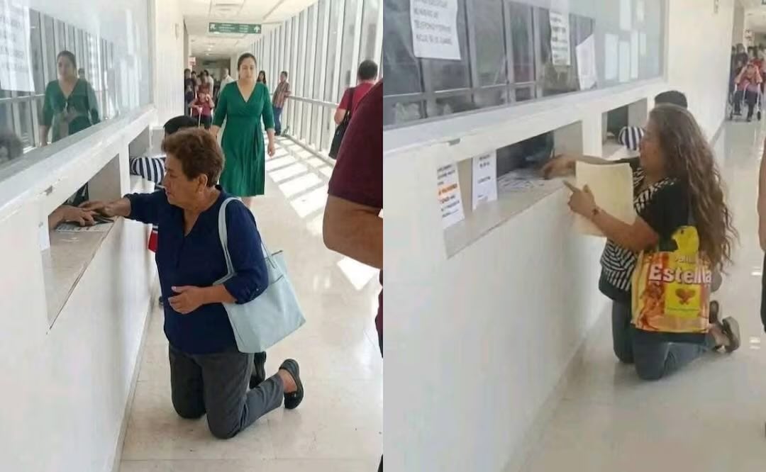 Captan a pacientes del IMSS arrodillados frente a una ventanilla para recibir informes. Foto: Captura de video