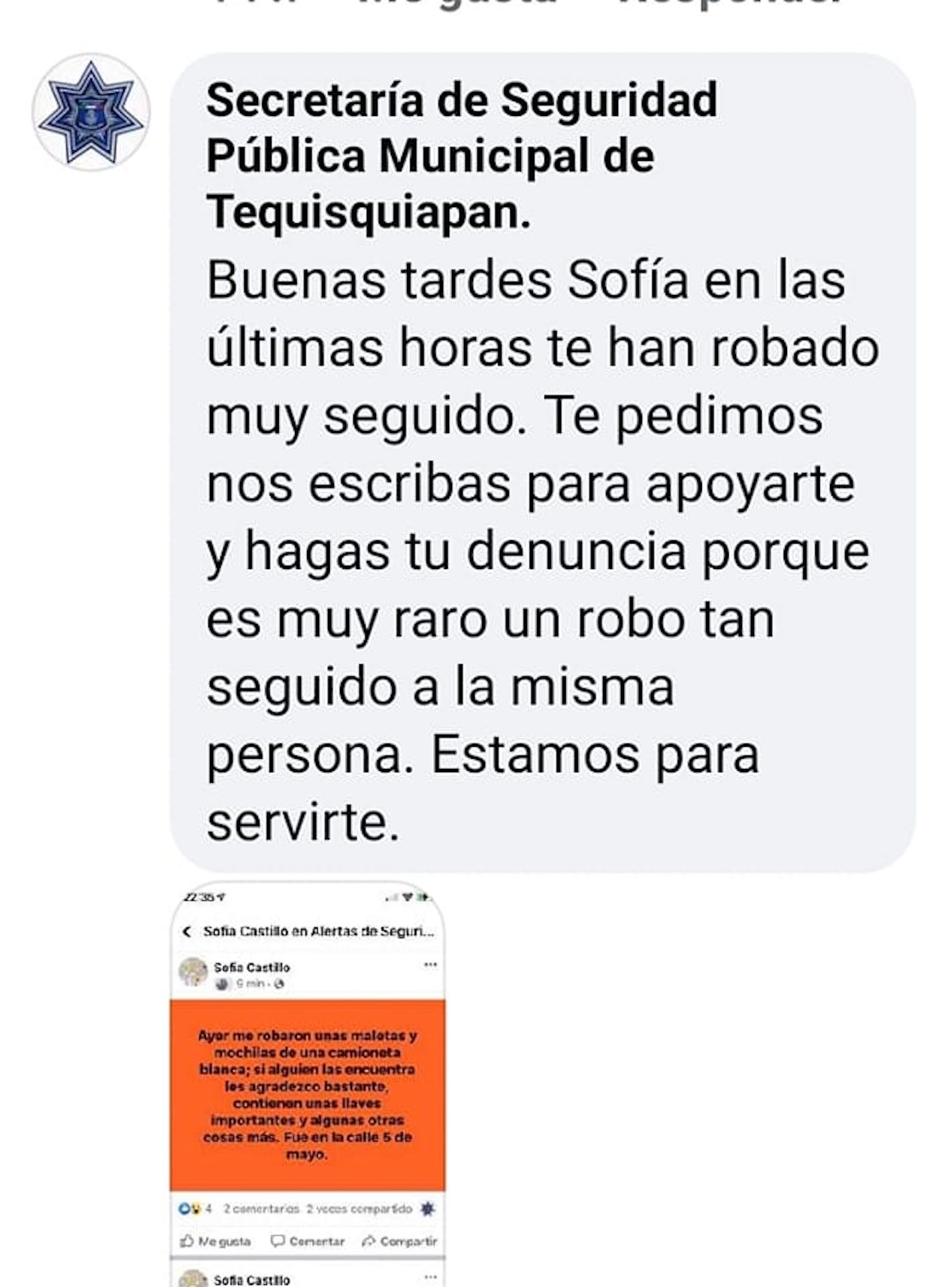 "En las últimas horas te han robado muy seguido", responde la policía a usuaria