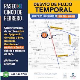 Cerrarán carriles de 5 de Febrero en dirección a Jurica