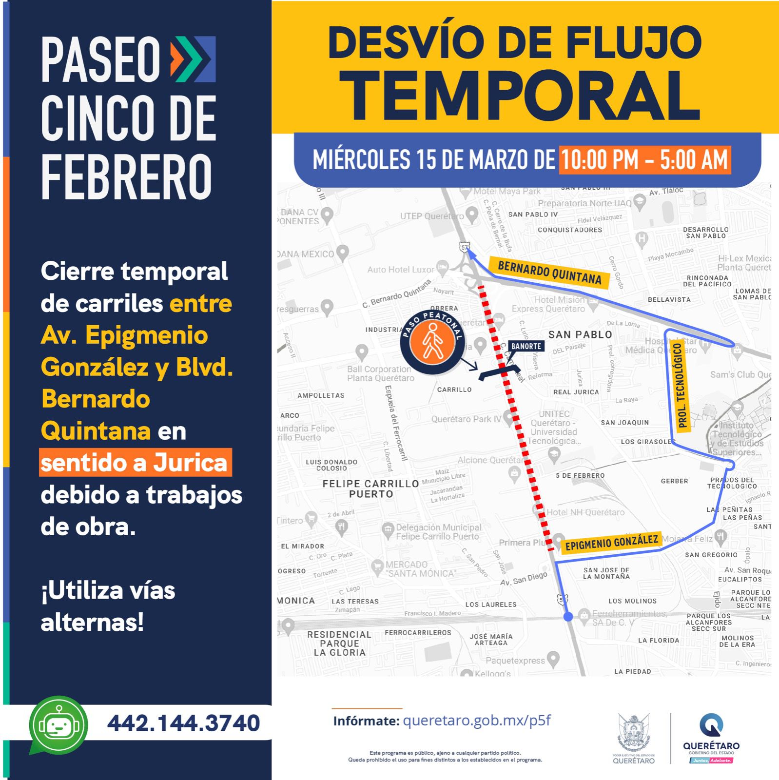 Cerrarán carriles de 5 de Febrero en dirección a Jurica