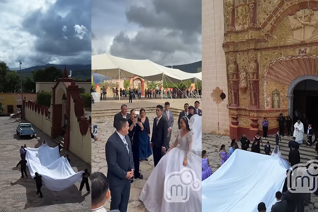 María Jessica, influencer queretana, deslumbra con vestido de novia de cola infinita. Foto: Captura de pantalla