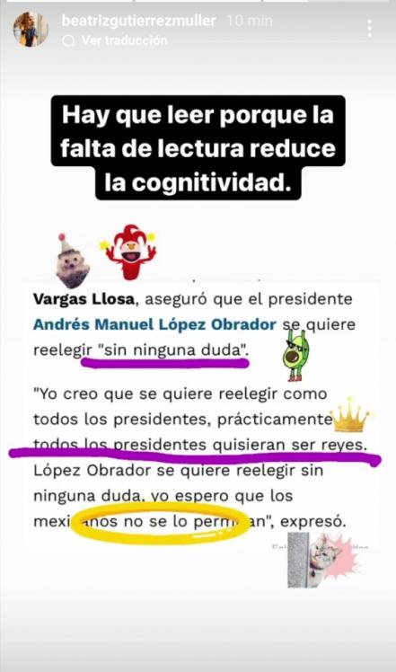 Beatriz Gutiérrez Müller reacciona a dichos de Vargas Llosa sobre AMLO y reelección