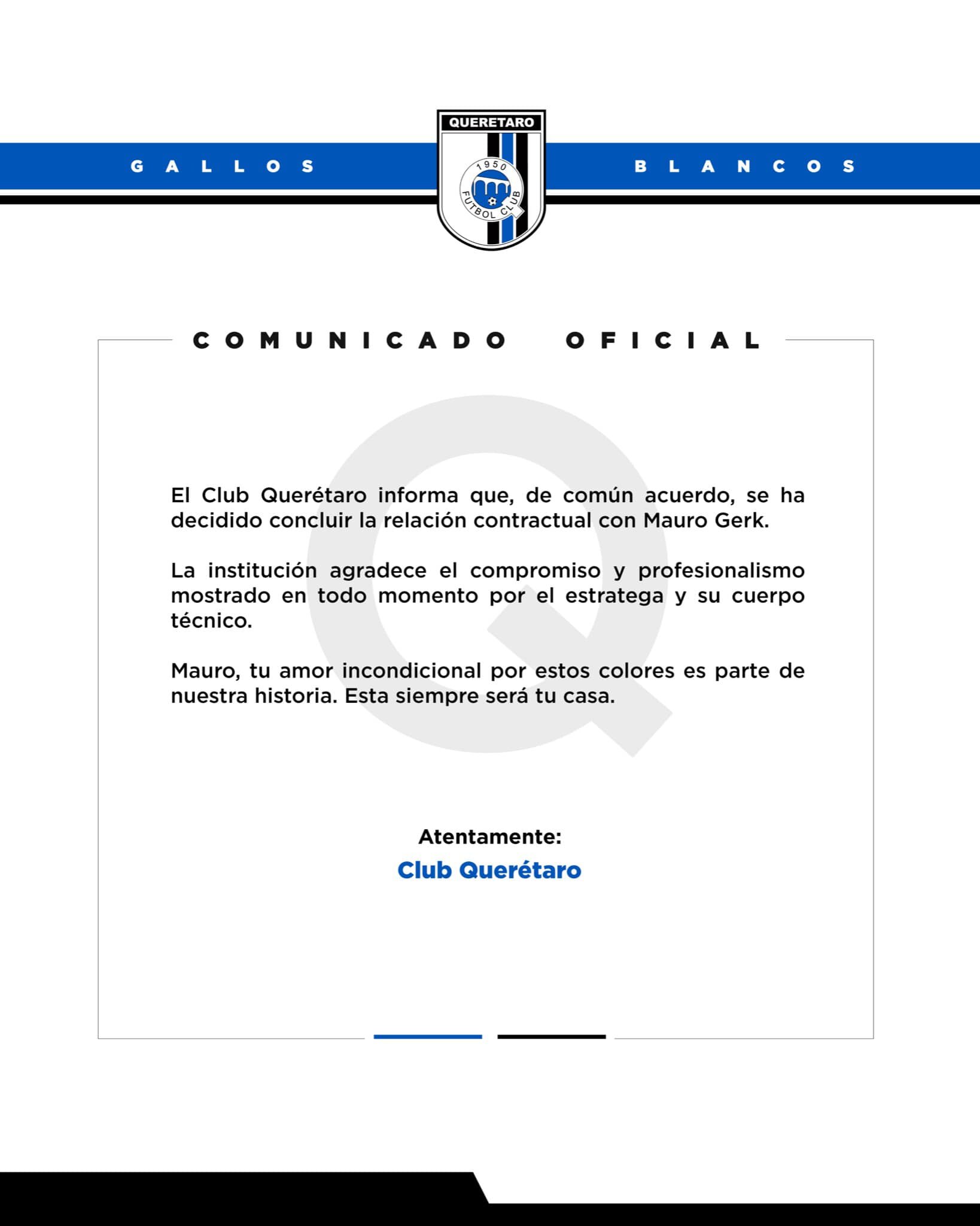 Mauro Gerk deja de ser el director técnico de Gallos Blancos. Foto: Facebook Queretaro F.C.