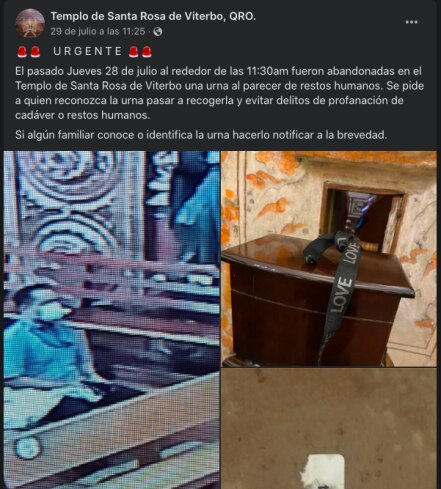 Abandonan cenizas en un templo de Querétaro; sucedió en Santa Rosa de Viterbo 