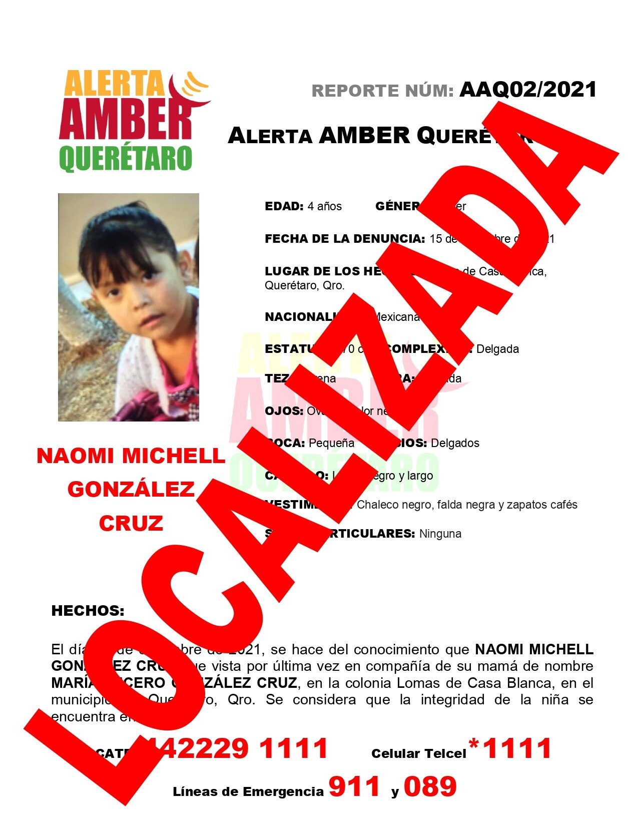 Localizan a Naomi Michelle en Huimilpan; había desaparecido en Querétaro