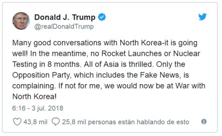 EU estaría "en guerra" con Corea del Norte si no fuera por mí, asegura Trump