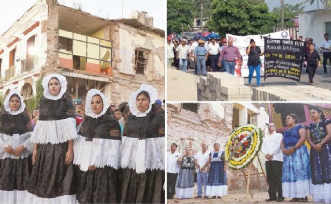 Con marchas, ofrendas florales y misas, damnificados y organizaciones civiles de Oaxaca y Chiapas pidieron a las autoridades acelerar la ayuda a las víctimas del temblor del 7 de septiembre de 2017. Foto: EDWIN HERNÁNDEZ