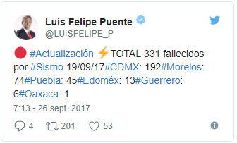 Suman 331 fallecidos por sismo del 19 de septiembre