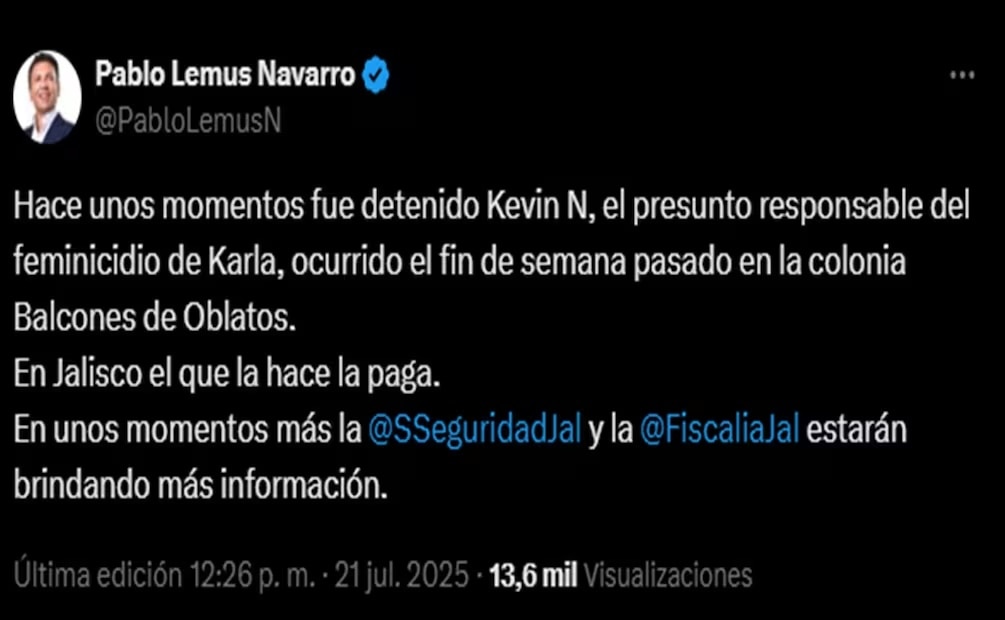“En Jalisco el que la hace la paga”, escribió. Foto: captura de pantalla