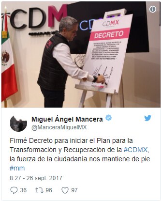 Mancera firma decreto para crear plan de reconstrucción tras sismo