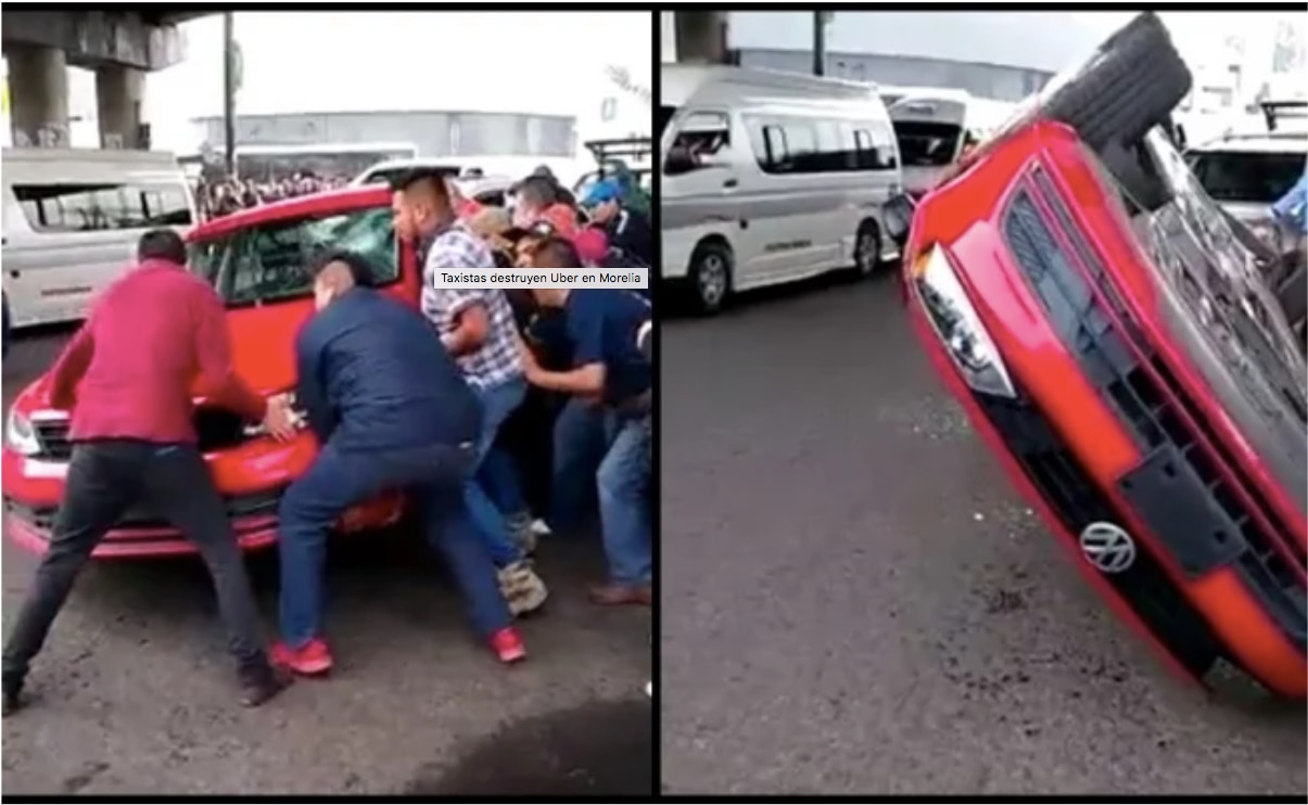 Taxistas destruyen Uber en Morelia, Michoacán