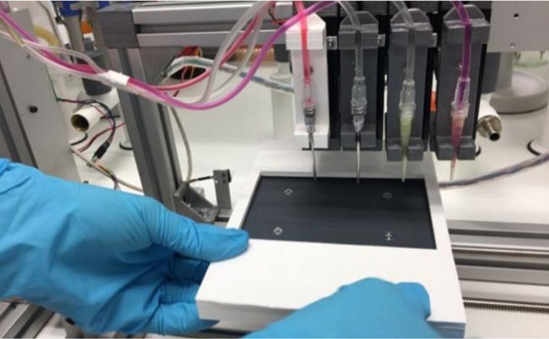 Un investigador hace una simulación con la bioimpresora 3D de piel en los laboratorios de la Universidad Carlos III de Madrid (UC3M). Foto: EFE