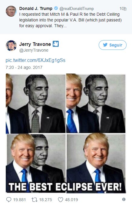 "El mejor eclipse de la historia": Trump comparte meme tapando a Obama