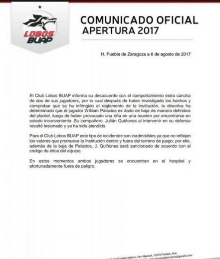 William Palacios es baja de Lobos BUAP