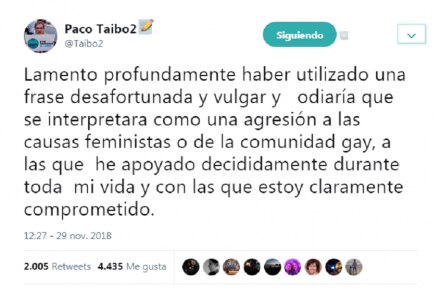 "Lamento haber utilizado una frase desafortunada y vulgar": Taibo II