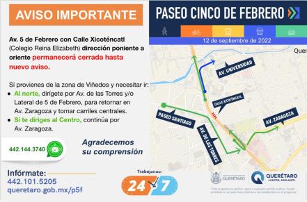 Por obras, cierran tramo de avenida 5 de Febrero, cerca de la UAQ