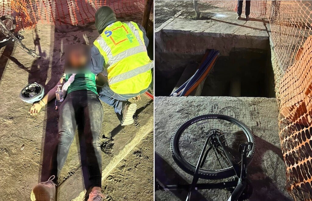 Ciclista se accidenta al caer en una coladera de las obras de 5 de Febrero