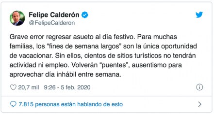 Grave error regresar el asueto al día festivo como propone AMLO: Calderón