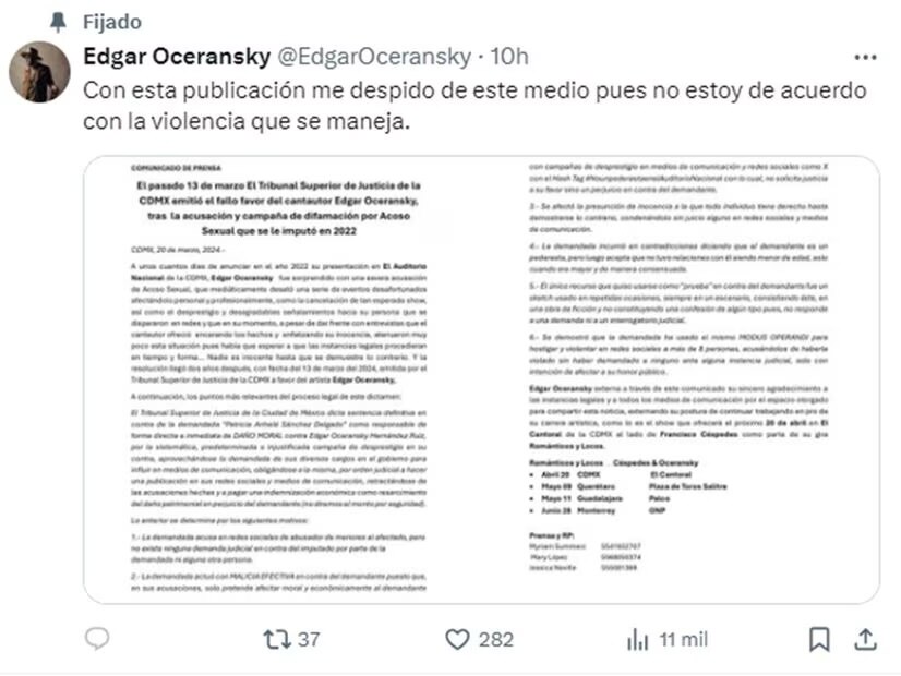Edgar Oceransky publicó que dejará de utilizar su cuenta de X. Foto: X