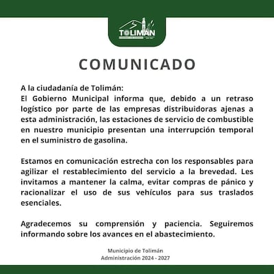 Desabasto temporal de gasolina afecta a estaciones de servicio en Tolimán