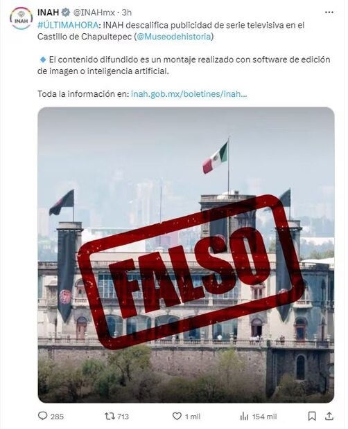 INAH rechaza uso de imagen de Castillo de Chapultepec. / Foto: Captura X INAH