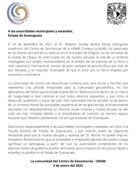 UNAM Juriquilla pide justicia para académico asesinado en Guanajuato 