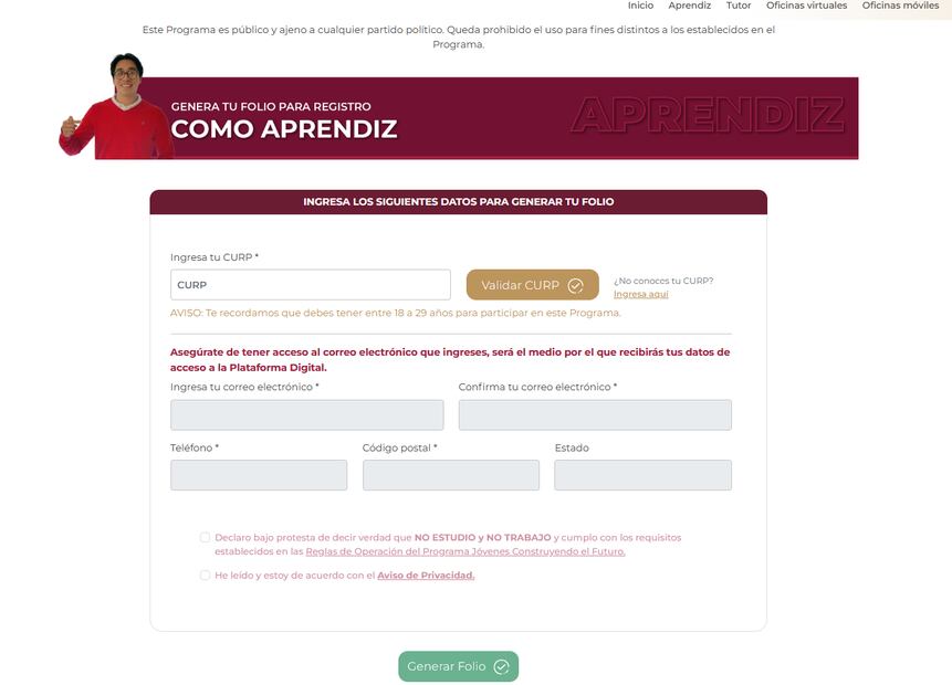 Formato de registro para obtener la beca  Jóvenes Construyendo el Futuro. Foto: captura de jovenesconstruyendoelfuturo.stps.gob.mx