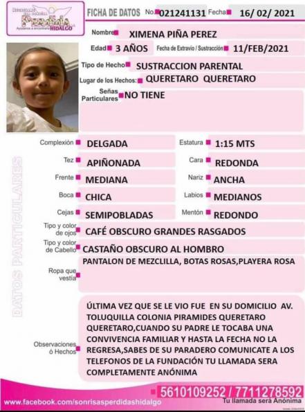 Internautas buscan a Ximena; el papá la habría sustraído en Querétaro 