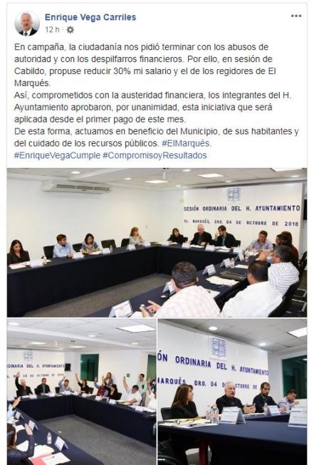 Vega Carriles reduce 30% su salario