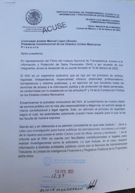Inai rechaza petición de AMLO para investigar bienes de Carlos Loret de Mola