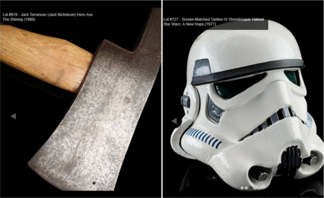 Hacha que Jack Nicholson utilizó en "The Shining" (izq.) y un casco Stormtrooper de la película de 1977 "Star Wars: A New Hope" son algunos de los artículos en venta. Foto: Captura de pantalla ukm.propstoreauction.com