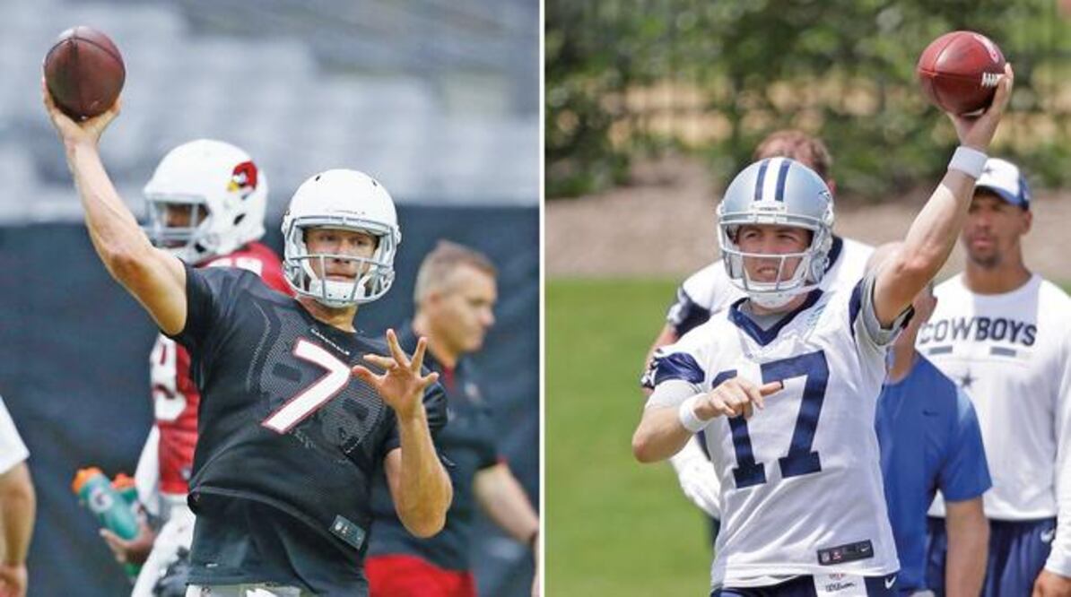 Blaine Gabbert (izq.) comandará a Arizona en el partido del Salón de la Fama; Kellen Moore sería opción en Dallas (AP)