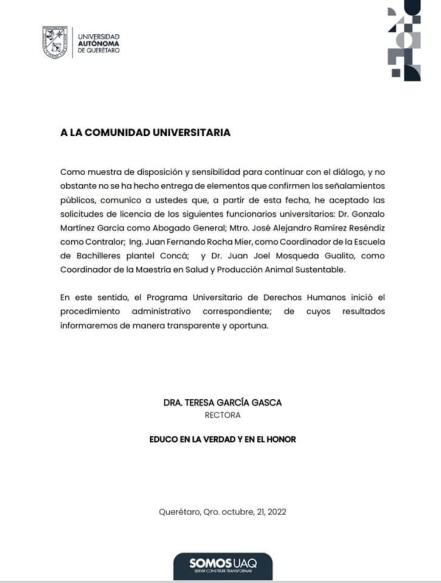 Funcionarios de la Universidad Autónoma de Querétaro piden licencia para ser investigados