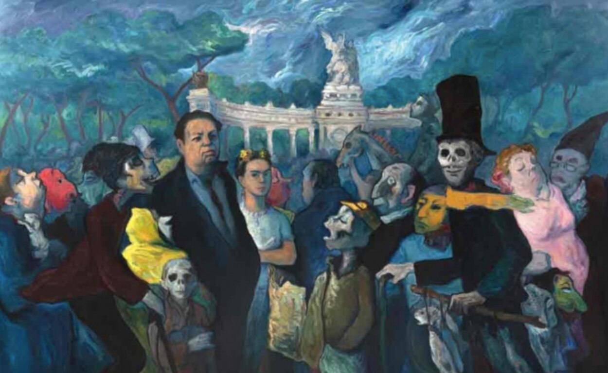 "Frida y Diego Rivera en la Alameda", fue vendida por arriba de los 50 mil dólares en una subasta a inicios de 2020. Imagen: Morton subastas