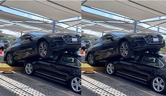 Audi termina encima de otro auto en estacionamiento de hospital privado en Querétaro