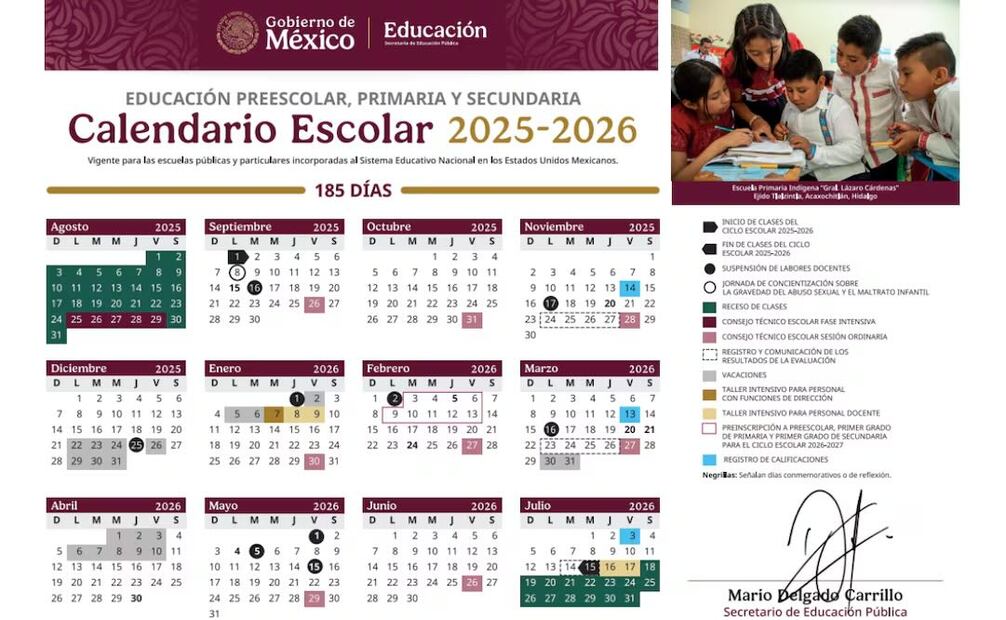 Calendario Escolar 2025-2026 original. Foto: Secretaría de Educación Pública (SEP)