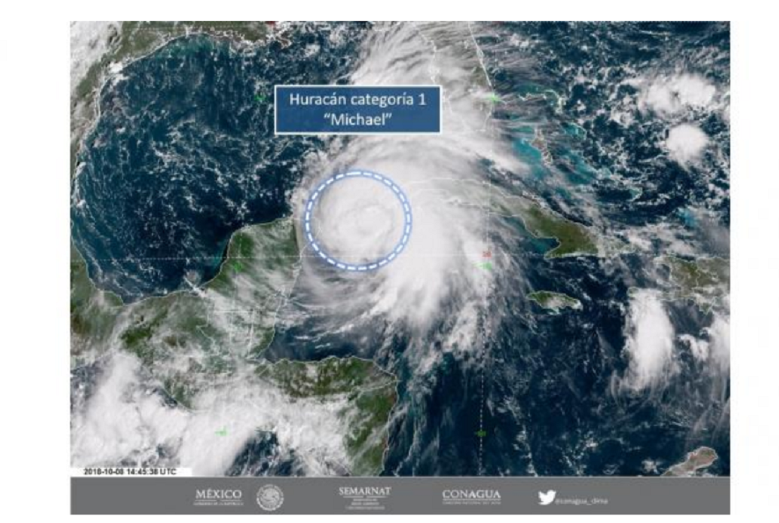 El Servicio Meteorológico Nacional (SMN) informó que la tormenta tropical "Michael" se convirtió en huracán categoría 1 frente a las costas de Quintana Roo.