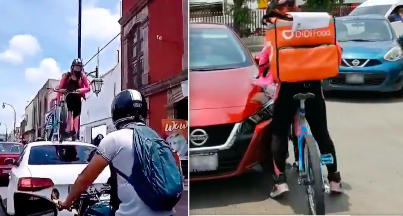 Casi atropellan a ciclista que caminó encima de un auto en Querétaro
